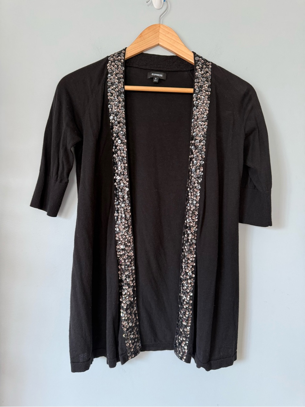 Express Black Sequin Trim Open Front Cardigan Size Small 100% Cotton
